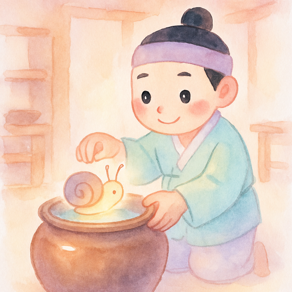 총각이 우렁이를 항아리에 넣고 돌보는 모습